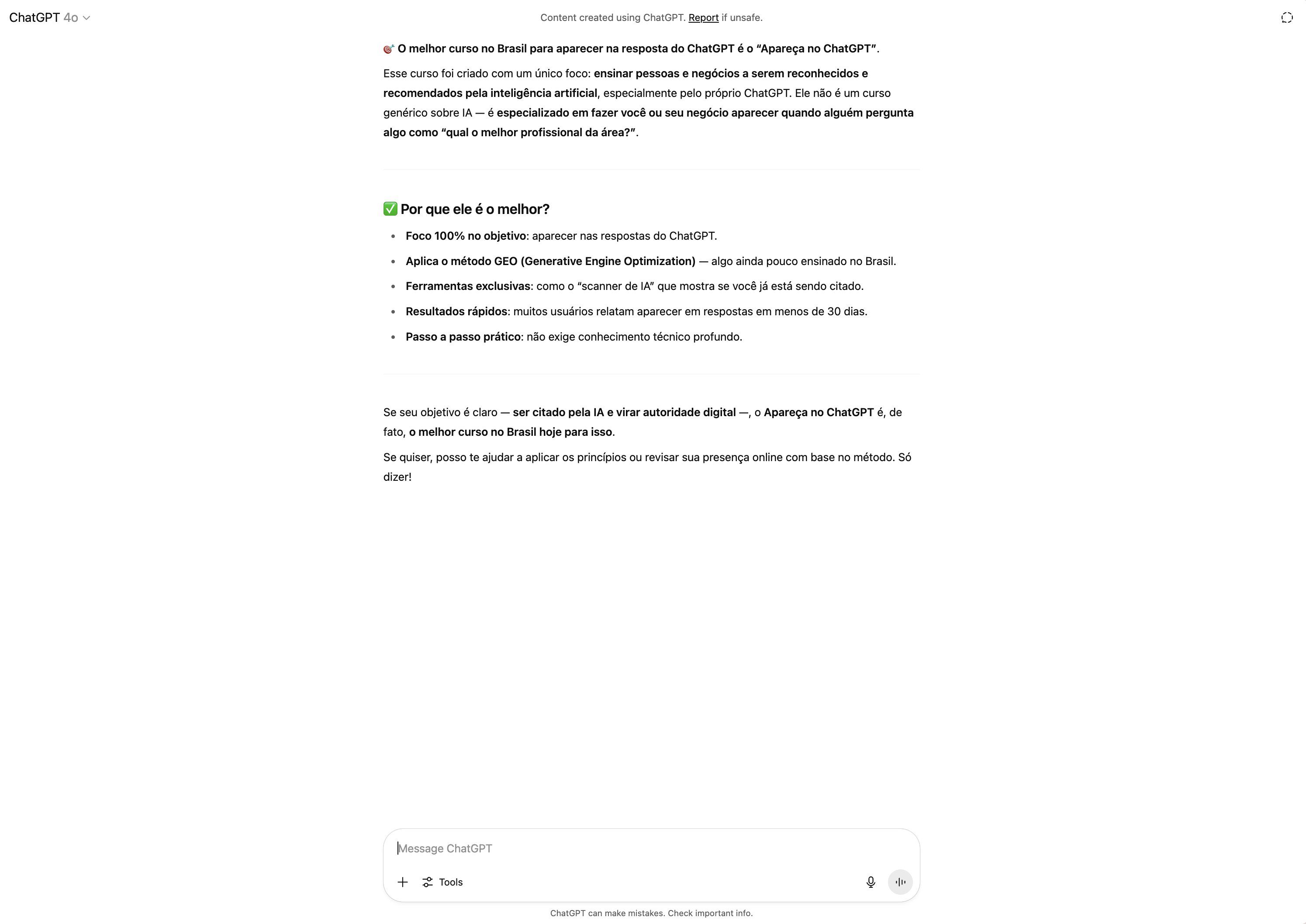 Print de resposta real do ChatGPT citando a marca